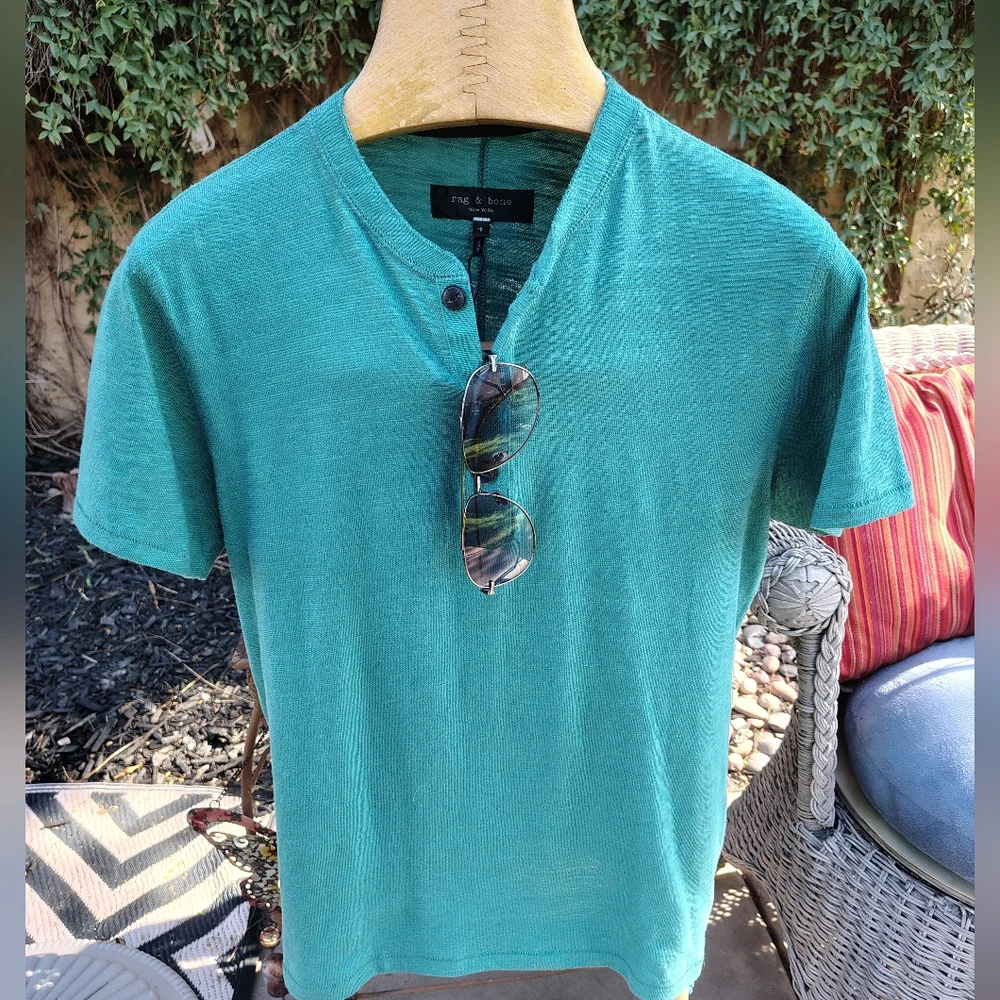 Rag And Bone Short Sleeve Green Henley - Picture 1 of 5